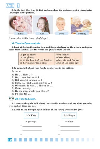 10
Unit 1
3. In the text (Ex. 1, p. 9), find and reproduce the sentences which characterize
the people in the pictures.
Lidia Ann Boris Granny
E x a m p l e: Lidia is everybody’s pet.
VI. Time to Communicate
1. Look at the family photos Kate and Sonya displayed on the website and speak
about their families. Use the words and phrases from the box.
to get to know;
in the photo;
to be the heart of the family;
on her mom’s/dad’s side;
to be fond of;
to look after;
to be cute and funny;
to be of the same age.
2. In pairs, talk about your family members as in the pattern.
Pattern:
A: Hi … . How … ?
B: Oh, it was fantastic! I … .
A: Did you get to know … ?
B: Sure. I … and … and did you … ?
A: Of course. It was … . She/he is … .
B: Unfortunately … .
A: By the way, would you like …?
B: I’d love to! … .
VII. Time to Listen.
1. Listen to the girls’ talk about their family members and say what new rela-
tives each of them has met.
2. Listen to the dialogue again and fill in the family trees for the girls.
It’s SonyaIt’s Kate
– granny – niece
– –
– –
– –
 
