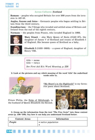 108
Unit 4
Across Cultures: Scotland
Romans – peoples who occupied Britain for over 300 years from the inva-
sion in AD 43.
Angles, Saxons and Jutes – Germanic peoples who began settling in Bri-
tain from the third century.
Scandinavians – the Vikings who invaded and settled areas of Britain and
Ireland from the end of the eighth century.
Normans – the peoples from France, who invaded England in 1066.
Mary Stuart – also Mary Queen of Scots (1542–87), the
daughter of James V of Scotland and cousin of Elizabeth I
of England. She became queen of Scotland as a baby.
Elizabeth I (1533–1603) – a queen of England, daughter of
Henry VIII.
title = íàçâà
title = òèòóë
See First Aid Kit: Word Meaning, p. 226
2. Look at the pictures and say which meaning of the word ‘title’ the underlined
words refer to.
“My Heart’s in the Highlands” is my favou-
rite poem about Scotland.
Prince Philip, the Duke of Edinburgh, is
the husband of Queen Elizabeth the Second.
3. Group up the information from the text “The Free Scots” into these content
areas (p. 108–109). Say how it can help you understand Scotland better.
Content Areas Information
People  native population

 