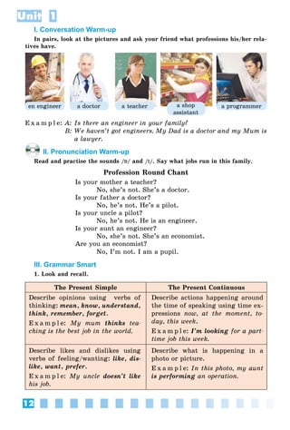 12
Unit 1
I. Conversation Warm-up
In pairs, look at the pictures and ask your friend what professions his/her rela-
tives have.
en engineer a doctor a teacher a shop
assistant
a programmer
E x a m p l e: A: Is there an engineer in your family?
B: We haven’t got engineers. My Dad is a doctor and my Mum is
a lawyer.
II. Pronunciation Warm-up
Read and practise the sounds /ÁÁ/ and /tt/. Say what jobs run in this family.
Profession Round Chant
Is your mother a teacher?
No, she’s not. She’s a doctor.
Is your father a doctor?
No, he’s not. He’s a pilot.
Is your uncle a pilot?
No, he’s not. He is an engineer.
Is your aunt an engineer?
No, she’s not. She’s an economist.
Are you an economist?
No, I’m not. I am a pupil.
III. Grammar Smart
1. Look and recall.
The Present Simple The Present Continuous
Describe opinions using verbs of
thinking: mean, know, understand,
think, remember, forget.
E x a m p l e: My mum thinks tea-
ching is the best job in the world.
Describe actions happening around
the time of speaking using time ex-
pressions now, at the moment, to-
day, this week.
E x a m p l e: I’m looking for a part-
time job this week.
Describe likes and dislikes using
verbs of feeling/wanting: like, dis-
like, want, prefer.
E x a m p l e: My uncle doesn’t like
his job.
Describe what is happening in a
photo or picture.
E x a m p l e: In this photo, my aunt
is performing an operation.
 