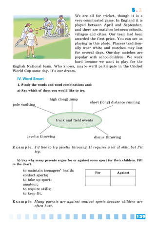 139
5.2
We are all for cricket, though it is a
very complicated game. In England it is
played between April and September,
and there are matches between schools,
villages and cities. Our team had been
awarded the first prize. You can see us
playing in this photo. Players tradition-
ally wear white and matches may last
for several days. One-day matches are
popular with schoolchildren. We work
hard because we want to play for the
English National team. Who knows, maybe we’ll participate in the Cricket
World Cup some day. It’s our dream.
IV. Word Smart
1. Study the words and word combinations and:
a) Say which of them you would like to try.
pole vaulting
high (long) jump
short (long) distance running
javelin throwing discus throwing
track and field events
g
E x a m p l e: I’d like to try javelin throwing. It requires a lot of skill, but I’ll
try.
b) Say why many parents argue for or against some sport for their children. Fill
in the chart.
to maintain teenagers’ health;
contact sports;
to take up sport;
amateur;
to require skills;
to keep fit.
E x a m p l e: Many parents are against contact sports because children are
often hurt.
For Against
 