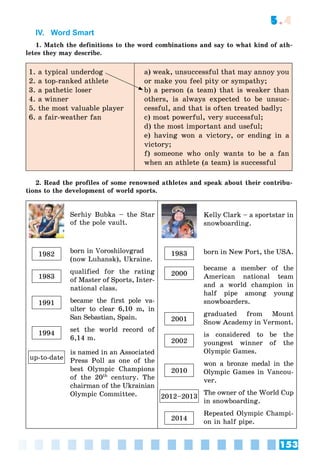 153
5.4
IV. Word Smart
1. Match the definitions to the word combinations and say to what kind of ath-
letes they may describe.
1. a typical underdog
2. a top-ranked athlete
3. a pathetic loser
4. a winner
5. the most valuable player
6. a fair-weather fan
a) weak, unsuccessful that may annoy you
or make you feel pity or sympathy;
b) a person (a team) that is weaker than
others, is always expected to be unsuc-
cessful, and that is often treated badly;
c) most powerful, very successful;
d) the most important and useful;
e) having won a victory, or ending in a
victory;
f) someone who only wants to be a fan
when an athlete (a team) is successful
2. Read the profiles of some renowned athletes and speak about their contribu-
tions to the development of world sports.
1982
1983
1991
1994
up-to-date
Serhiy Bubka – the Star
of the pole vault.
born in Voroshilovgrad
(now Luhansk), Ukraine.
qualified for the rating
of Master of Sports, Inter-
national class.
became the first pole va-
ulter to clear 6,10 m, in
San Sebastian, Spain.
set the world record of
6,14 m.
is named in an Associated
Press Poll as one of the
best Olympic Champions
of the 20th
century. The
chairman of the Ukrainian
Olympic Committee.
1983
2000
2001
2002
2010
2012–2013
2014
Kelly Clark – a sportstar in
snowboarding.
born in New Port, the USA.
became a member of the
American national team
and a world champion in
half pipe among young
snowboarders.
graduated from Mount
Snow Academy in Vermont.
is considered to be the
youngest winner of the
Olympic Games.
won a bronze medal in the
Olympic Games in Vancou-
ver.
The owner of the World Cup
in snowboarding.
Repeated Olympic Champi-
on in half pipe.
 