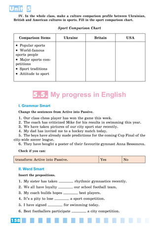 158
Unit 5
IV. In the whole class, make a culture comparison profile between Ukrainian,
British and American cultures in sports. Fill in the sport comparison chart.
Sport Comparison Chart
Comparison Items Ukraine Britain USA
 Popular sports
 World-famous
sports people
 Major sports com-
petitions
 Sport traditions
 Attitude to sport
5.5. My progress in English
I. Grammar Smart
Change the sentences from Active into Passive.
1. Our class chess player has won the game this week.
2. The coach has criticized Mike for his results in swimming this year.
3. We have taken pictures of our city sport star recently.
4. My dad has invited me to a hockey match today.
5. The boys have already made predictions for the coming Cup Final of the
city-wide soccer league.
6. They have bought a poster of their favourite gymnast Anna Bessonova.
Check if you can:
transform Active into Passive. Yes No
II. Word Smart
Insert the prepositions.
1. My sister has taken rhythmic gymnastics recently.
2. We all have loyalty our school football team.
3. My coach builds hopes best players.
4. It’s a pity to lose a sport competition.
5. I have signed for swimming today.
6. Best footballers participate a city competition.
 