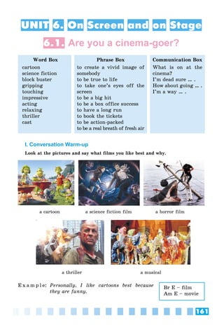 161
UNIT 6. On Screen and on Stage
6.1. Are you a cinema-goer?
Word Box
cartoon
science fiction
block buster
gripping
touching
impressive
acting
relaxing
thriller
cast
Phrase Box
to create a vivid image of
somebody
to be true to life
to take one’s eyes off the
screen
to be a big hit
to be a box office success
to have a long run
to book the tickets
to be action-packed
to be a real breath of fresh air
Communication Box
What is on at the
cinema?
I’m dead sure … .
How about going … .
I’m a way … .
I. Conversation Warm-up
Look at the pictures and say what films you like best and why.
a cartoon a science fiction film a horror film
a thriller a musical
E x a m p l e: Personally, I like cartoons best because
they are funny.
Br E – film
Am E – movie
 