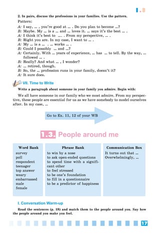 17
1.3
2. In pairs, discuss the professions in your families. Use the pattern.
Pattern:
A: I say, … , you’re good at … . Do you plan to become …?
B: Maybe. My … is a … and … loves it. … says it’s the best … .
A: I think it’s best to …. . From my perspective, … .
B: Right you are. In my case, I want to … .
A: My … is a … . … works … .
B: Could I possibly … and …?
A: Certainly. With … years of experience, … has … to tell. By the way, …
followed … .
B: Really? And what … , I wonder?
A: … retired, though.
B: So, the … profession runs in your family, doesn’t it?
A: It sure does.
VII. Time to Write
Write a paragraph about someone in your family you admire. Begin with:
We all have someone in our family who we most admire. From my perspec-
tive, these people are essential for us as we have somebody to model ourselves
after. In my case, …
Go to Ex. 11, 12 of your WB
1.3. People around me
Word Bank
survey
poll
respondent
teenager
top answer
weary
embarrassed
male
female
Phrase Bank
to win by a nose
to ask open-ended questions
to spend time with a signifi-
cant other
to feel stressed
to be one’s foundation
to fill in a questionnaire
to be a predictor of happiness
Communication Box
It turns out that …
Overwhelmingly, …
I. Conversation Warm-up
Read the sentences (p. 18) and match them to the people around you. Say how
the people around you make you feel.
 