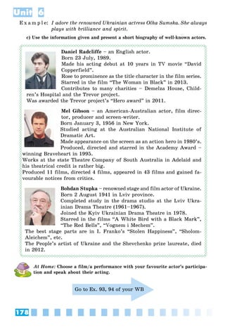 178
Unit 6
E x a m p l e: I adore the renowned Ukrainian actress Olha Sumska. She always
plays with brilliance and spirit.
c) Use the information given and present a short biography of well-known actors.
Daniel Radcliffe – an English actor.
Born 23 July, 1989.
Made his acting debut at 10 years in TV movie “David
Copperfield”.
Rose to prominence as the title character in the film series.
Starred in the film “The Woman in Black” in 2013.
Contributes to many charities – Demelza House, Child-
ren’s Hospital and the Trevor project.
Was awarded the Trevor project’s “Hero award” in 2011.
Mel Gibson – an American-Australian actor, film direc-
tor, producer and screen-writer.
Born January 3, 1956 in New York.
Studied acting at the Australian National Institute of
Dramatic Art.
Made appearance on the screen as an action hero in 1980’s.
Produced, directed and starred in the Academy Award –
winning Braveheart in 1995.
Works at the state Theatre Company of South Australia in Adelaid and
his theatrical credit is rather big.
Produced 11 films, directed 4 films, appeared in 43 films and gained fa-
vourable notices from critics.
Bohdan Stupka – renowned stage and film actor of Ukraine.
Born 2 August 1941 in Lviv province.
Completed study in the drama studio at the Lviv Ukra-
inian Drama Theatre (1961–1967).
Joined the Kyiv Ukrainian Drama Theatre in 1978.
Starred in the films “A White Bird with a Black Mark”,
“The Red Bells”, “Vognem i Mechem”.
The best stage parts are in I. Franko’s “Stolen Happiness”, “Sholom-
Aleichem”, etc.
The People’s artist of Ukraine and the Shevchenko prize laureate, died
in 2012.
At Home: Choose a film/a performance with your favourite actor’s participa-
tion and speak about their acting.
Go to Ex. 93, 94 of your WB
 