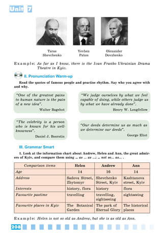 208
Unit 7
Taras Yevhen Olexander
Shevchenko Paton Dovzhenko
E x a m p l e: As far as I know, there is the Ivan Franko Ukrainian Drama
Theatre in Kyiv.
II. Pronunciation Warm-up
Read the quotes of famous people and practise rhythm. Say who you agree with
and why.
“We judge ourselves by what we feel
capable of doing, while others judge us
by what we have already done”.
Henry W. Longfellow
“Our deeds determine us as much as
we determine our deeds”.
George Eliot
“One of the greatest pains
to human nature is the pain
of a new idea”.
Walter Bagehot
“The celebrity is a person
who is known for his well-
knowness”.
Daniel J. Boorstin
III. Grammar Smart
1. Look at the information chart about Andrew, Helen and Ann, the great admir-
ers of Kyiv, and compare them using … as … as …; … not so… as… .
Comparison items Helen Andrew Ann
Age 14 16 14
Address Sadova Street,
Zhytomyr
Shevchenko
Street, Kyiv
Kashtanova
street, Kyiv
Interests history, flora history flora
Favourite pastime travelling travelling,
sightseeing
sightseeing
Favourite places in Kyiv The Botanical
Garden
The park of
Eternal Glory
The historical
places
E x a m p l e: Helen is not so old as Andrew, but she is as old as Ann.
 