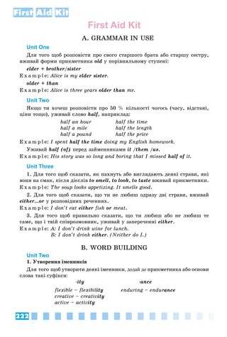 222
First Aid Kit
First Aid Kit
A. GRAMMAR IN USE
Unit One
Äëÿ òîãî ùîá ðîçïîâіñòè ïðî ñâîãî ñòàðøîãî áðàòà àáî ñòàðøó ñåñòðó,
âæèâàé ôîðìè ïðèêìåòíèêà old ó ïîðіâíÿëüíîìó ñòóïåíі:
elder + brother/sister
E x a m p l e: Alice is my elder sister.
older + than
E x a m p l e: Alice is three years older than me.
Unit Two
ßêùî òè õî÷åø ðîçïîâіñòè ïðî 50 % êіëüêîñòі ÷îãîñü (÷àñó, âіäñòàíі,
öіíè òîùî), óæèâàé ñëîâî half, íàïðèêëàä:
half an hour half the time
half a mile half the length
half a pound half the price
E x a m p l e: I spent half the time doing my English homework.
Óæèâàé half (of) ïåðåä çàéìåííèêàìè it /them /us.
E x a m p l e: His story was so long and boring that I missed half of it.f
Unit Three
1. Äëÿ òîãî ùîá ñêàçàòè, ÿê ïàõíóòü àáî âèãëÿäàþòü äåÿêі ñòðàâè, ÿêі
âîíè íà ñìàê, ïіñëÿ äієñëіâ to smell, to look, to taste âæèâàé ïðèêìåòíèêè.
E x a m p l e: The soup looks appetizing. It smells good.
2. Äëÿ òîãî ùîá ñêàçàòè, ùî òè íå ëþáèø îäðàçó äâі ñòðàâè, âæèâàé
either…or ó ðîçïîâіäíèõ ðå÷åííÿõ.
E x a m p l e: I don’t eat either fish or meat.
3. Äëÿ òîãî ùîá ïðàâèëüíî ñêàçàòè, ùî òè ëþáèø àáî íå ëþáèø òå
ñàìå, ùî і òâіé ñïіâðîçìîâíèê, óæèâàé ó çàïåðå÷åííі either.
E x a m p l e: A: I don’t drink wine for lunch.
B: I don’t drink either. (Neither do I.)
B. WORD BUILDING
Unit Two
1. Óòâîðåííÿ іìåííèêіâ
Äëÿ òîãî ùîá óòâîðèòè äåÿêі іìåííèêè, додай до ïðèêìåòíèêà àáî îñíîâè
ñëîâà òàêі ñóôіêñè:
-ity -ance
flexible – flexibility enduring – endurance
creative – creativity
active – activity
 