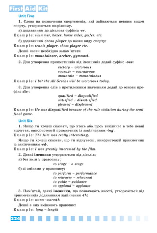 224
First Aid Kit
Unit Five
1. Ñëîâà íà ïîçíà÷åííÿ ñïîðòñìåíіâ, ÿêі çàéìàþòüñÿ ïåâíèì âèäîì
ñïîðòó, óòâîðþþòüñÿ ïî-ðіçíîìó.
à) äîäàâàííÿì äî äієñëîâà ñóôіêñà -er.
E x a m p l e: swimmer, boxer, horse rider, golfer, etc.
á) äîäàâàííÿì ñëîâà player äî íàçâè âèäó ñïîðòó:
E x a m p l e: tennis player, chess player etc.
Äåÿêі íàçâè íåîáõіäíî çàïàì’ÿòàòè
E x a m p l e: mountaineer, archer, gymnast.
2. Äëÿ óòâîðåííÿ ïðèêìåòíèêіâ âіä іìåííèêіâ äîäàé ñóôіêñ -ous:
victory – victorious
courage – courageous
mountain – mountainous
E x a m p l e: I bet the All Greens will be victorious today.
3. Äëÿ óòâîðåííÿ ñëіâ ç ïðîòèëåæíèì çíà÷åííÿì äîäàé äî îñíîâè ïðå-
ôіêñ dis-:
qualified – disqualified
satisfied – dissatisfied
pleased – displeaseds
E x a m p l e: He was disqualified because of the rule violation during the semi-
final game.
Unit Six
1. ßêùî òè õî÷åø ñêàçàòè, ùî õòîñü àáî ùîñü âèêëèêàє â òåáå ïåâíі
âіä÷óòòÿ, âèêîðèñòîâóé ïðèêìåòíèê іç çàêіí÷åííÿì -ing.
E x a m p l e: The film was really interesting.
ßêùî òè õî÷åø ñêàçàòè, ùî òè âіä÷óâàєø, âèêîðèñòîâóé ïðèêìåòíèê
іç çàêіí÷åííÿì -ed-.
E x a m p l e: I was greatly interested by the film.
2. Äåÿêі іìåííèêè óòâîðþþòüñÿ âіä äієñëіâ:
a) áåç çìіí ó ïðàâîïèñó:
to stage – a stage
á) çі çìіíàìè ó ïðàâîïèñó:
to perform – performance
to rehearse – rehearsal
to guide – guidance
to applaud – applause
3. Ïàì’ÿòàé, äåÿêі іìåííèêè, ùî ïîçíà÷àþòü ÿêîñòі, óòâîðþþòüñÿ âіä
ïðèêìåòíèêіâ äîäàâàííÿì çàêіí÷åííÿ -th:
E x a m p l e: warm–warmth
Äåÿêі ç íèõ çìіíþþòü ïðàâîïèñ:
E x a m p l e: long – length
 