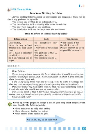 23
1.3
VII. Time to Write
Into Your Writing Portfolio:
– Advice-seeking letters appear in newspapers and magazine. They can be
about any problem imaginable.
– The letters are written in an informal style.
– The introduction will state why this letter is written.
– The body will expand on the problem.
– The conclusion will ask for help from the addressee.
How to write an advice-seeking letter
Introduction Body Conclusion
Dear editor,
Never in my wildest
dreams did I ever think
that …
But I have a situation
in which …
So I am writing you in
hopes …
To complicate mat-
ters,…
I very much would like
to …
The problem is that …
One point is …
The second point is …
What should I do?
Should I … or …?
Please answer as soon
as possible because …
E x a m p l e:
Dear Editor,
Never in my wildest dreams did I ever think that I would be writing to
someone asking for advice. But I have a situation in which I need help and
there is no one I can ask.
I am in my early teens now and nothing seems to make me happy: nei-
ther my relationship with my parents nor spending time with friends.
One point is that my mum often tells me that I’ve done something stupid.
I wish she said she would love me no matter what.
The second point is that I don’t have enough pocket money to go out. It
seems that my friends with higher family incomes are happier with life.
What should I do?
Group up for the project to design a post in your blog about people around
you. Consider the following points:
 their readiness to help each other;
 their character traits you enjoy;
 what makes them special to you.
Go to Ex. 15, 16 of your WB
 