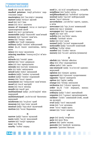 246
Vocabulary
mask (n) /mɑ:sk/ ìàñêà/
mashed potatoes /mæʃt pəteɪtəʋs/ êàð-/
òîïëÿíå ïþðå
masterpiece (n) /mɑ:stəpi:s/ øåäåâð/
mature (adj) /mətjʊə/ çðіëèé/
meal (n) /mi:l/ їæà/
mean (v) /mi:n/ çíà÷èòè/
means of transport /mi:nz əv trænspɔ:t/
òðàíñïîðòíèé çàñіá
meet (v) /mi:t/ çóñòðі÷àòè/
memorable (adj) /memərəbl/ ïàì’ÿòíèé/
memory (n) /memərɪ/ ïàì’ÿòü/
menu (n) /menju:/ ìåíþ/
middle (n) /mɪdl/ ñåðåäèíà/
military (adj) /mɪlɪtərі/ âіéñüêîâèé/
mime (n,v) /maɪm/ ïàíòîìіìà, іìіòó-/
âàòè
mince (v) /mɪns/ ìîëîòèòè/
mincing machine /mɪnsɪŋ məʃi:n/ ì’ÿñî-/
ðóáêà
miracle (n) /mɪrəkl/ äèâî/
mirror (n) /mɪrə/ äçåðêàëî/
miss (v) /mɪs/ ïðîïóñêàòè/
mistake (n) /mɪsteɪk/ ïîìèëêà/
mix (v) /mɪks/ çìіøóâàòè/
mixed (adj) /mɪkst/ çìіøàíèé/
modern (adj) /mɒdən/ ñó÷àñíèé/
modest (adj) /mɒdɪst/ ñêðîìíèé/
money (n) /mʌnі/ ãðîøі/
monument (n) /mɒnjʊmənt/ ïàì’ÿòíèê/
mood (n) /mu:d/ íàñòðіé/
moon (n) /mu:n/ ìіñÿöü/
mouth (n) /maʊθ/ ðîò/
multinational (adj) /

mʌltɪnæʃənl/ ìіæ-/
íàðîäíèé
multistor(e)yed /

// mʌltɪstɔ:rid/ áàãàòîïî-/
âåðõîâèé
mushroom (n) /mʌʃrʊm/ ãðèá/
museum (n) /mju:zɪəm/ ìóçåé/
musical (adj) /mju:zɪkəl/ ìóçè÷íèé/
mutton (n) /mʌtn/ áàðàíèíà/
N
narrow (adj) /nærəʊ/ âóçüêèé/
nasty (adj) /nɑ:stі/ æàõëèâèé/
nature (n) /neɪtʃə/ ïðèðîäà/
near /nɪə/ áіëÿ/
nearby /nɪəbaɪ/ ïîðÿä/
need (v, n) /ni:d/ ïîòðåáóâàòè, ïîòðåáà/
neighbour (n) /neɪbə/ ñóñіä/
neighbourhood (n) /neɪbəhʊd/ ñóñіäñòâî/
neutral (adj) /nju:trəl/ íåéòðàëüíèé/
never /nevə/ íіêîëè/
nevertheless /

nevəðəles/ ïðîòå, îäíàê,/
à âòіì
newcomer (n) /nju:

kʌmə/ íîâåíüêèé/
news (n) /nju:z/ íîâèíè/
newspaper (n) /nju:speɪpə/ ãàçåòà/
night (n) /naɪt/ íі÷/
nobility (n) /nəʊbɪlɪtɪ/ çíàòü/
nobody /nəʊbədі/ íіõòî/
noise (n) /nɔɪz/ øóì/
normal (adj) /nɔ:məl/ íîðìàëüíèé/
noticeable (adj) /nəʊtɪsəbl/ ïîìіòíèé
nothing /nʌθɪŋ/ íіùî/
number (n) /nʌmbə/ ÷èñëî/
nursery (n) /nɜ:sərі/ äèòÿ÷à (êіìíàòà)/
Î
obelisk (n) /ɒbɪlɪsk/ îáåëіñê/
obey (v) /əbeɪ/ ïіäêîðÿòèñÿ/
often (adv) /ɒfn/ ÷àñòî/
one-storeyed (adj) /wʌnstɔ:rɪd/ îäíîïî-
âåðõîâèé
opinion (n) /əpɪnjən/ äóìêà/
opponent (n) /əpəʊnənt/ ñóïðîòèâíèê/
opposite /ɒpəzɪt/ íàâïðîòè/
option (n) /ɒpʃən/ âèáіð/
orange (n) /ɒrɪndʒ/ àïåëüñèí/
orchestra (n) /ɔ:kɪstrə/ îðêåñòð/
order (n,v) /ɔ:də/ ïîðÿäîê, íàêàç;/
íàêàçóâàòè
ordinary (adj) /ɔ:dnrі/ çâè÷àéíèé/
organize (v) /ɔ:gənaɪz/ îðãàíіçîâóâàòè/
outdoor /aʊtdɔ:/ çîâíіøíіé (òîé, ÿêèé/
íà âóëèöі)
oval (adj) /əuvl/ îâàëüíèé/
oven (n) /ʌvn/ äóõîâêà/
over /əʊvə/ ÷åðåç ùîñü/
owner (n) /əʊnə/ âëàñíèê/
P
page (n) /peɪdʒ/ ñòîðіíêà/
pain (n) /peɪn/ áіëü/
palace (n) /pælɪs/ ïàëàö/
pancake (n) /pænkeɪk/ ìëèíåöü/
parents /peərənts/ áàòüêè/
 