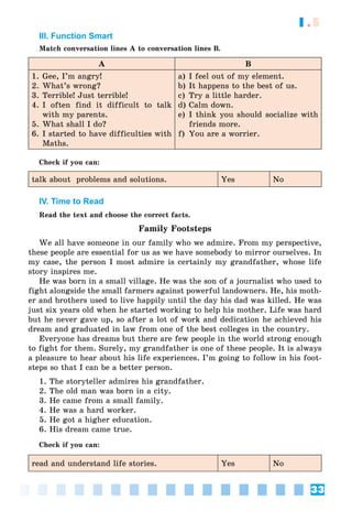 33
1.5
III. Function Smart
Match conversation lines A to conversation lines B.
A B
1. Gee, I’m angry!
2. What’s wrong?
3. Terrible! Just terrible!
4. I often find it difficult to talk
with my parents.
5. What shall I do?
6. I started to have difficulties with
Maths.
a) I feel out of my element.
b) It happens to the best of us.
c) Try a little harder.
d) Calm down.
e) I think you should socialize with
friends more.
f) You are a worrier.
Check if you can:
talk about problems and solutions. Yes No
IV. Time to Read
Read the text and choose the correct facts.
Family Footsteps
We all have someone in our family who we admire. From my perspective,
these people are essential for us as we have somebody to mirror ourselves. In
my case, the person I most admire is certainly my grandfather, whose life
story inspires me.
He was born in a small village. He was the son of a journalist who used to
fight alongside the small farmers against powerful landowners. He, his moth-
er and brothers used to live happily until the day his dad was killed. He was
just six years old when he started working to help his mother. Life was hard
but he never gave up, so after a lot of work and dedication he achieved his
dream and graduated in law from one of the best colleges in the country.
Everyone has dreams but there are few people in the world strong enough
to fight for them. Surely, my grandfather is one of these people. It is always
a pleasure to hear about his life experiences. I’m going to follow in his foot-
steps so that I can be a better person.
1. The storyteller admires his grandfather.
2. The old man was born in a city.
3. He came from a small family.
4. He was a hard worker.
5. He got a higher education.
6. His dream came true.
Check if you can:
read and understand life stories. Yes No
 