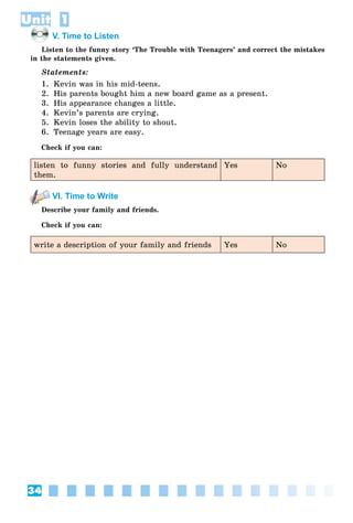34
Unit 1
V. Time to Listen
Listen to the funny story ‘The Trouble with Teenagers’ and correct the mistakes
in the statements given.
Statements:
1. Kevin was in his mid-teens.
2. His parents bought him a new board game as a present.
3. His appearance changes a little.
4. Kevin’s parents are crying.
5. Kevin loses the ability to shout.
6. Teenage years are easy.
Check if you can:
listen to funny stories and fully understand
them.
Yes No
VI. Time to Write
Describe your family and friends.
Check if you can:
write a description of your family and friends Yes No
UUUUUnnnnnnnnnnnnnnnnnnnnnnniiiiiiiiiiiiiiiiiiiiiiiiiittttttt
 