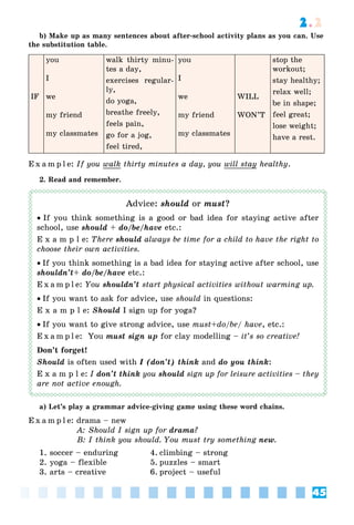 45
2.2
b) Make up as many sentences about after-school activity plans as you can. Use
the substitution table.
IF
you
I
we
my friend
my classmates
walk thirty minu-
tes a day,
exercises regular-
ly,
do yoga,
breathe freely,
feels pain,
go for a jog,
feel tired,
you
I
we
my friend
my classmates
WILL
WON’T
stop the
workout;
stay healthy;
relax well;
be in shape;
feel great;
lose weight;
have a rest.
E x a m p l e: If you walk thirty minutes a day, you will stayy healthy.
2. Read and remember.
Advice: should or must?
 If you think something is a good or bad idea for staying active after
school, use should + do/be/have etc.:
E x a m p l e: There should always be time for a child to have the right to
choose their own activities.
If you think something is a bad idea for staying active after school, use
shouldn’t+ do/be/have etc.:
E x a m p l e: You shouldn’t start physical activities without warming up.
If you want to ask for advice, use should in questions:
E x a m p l e: Should I sign up for yoga?
If you want to give strong advice, use must+do/be/ have, etc.:
E x a m p l e: You must sign up for clay modelling – it’s so creative!
Don’t forget!
Should is often used with I (don’t) think and do you think:
E x a m p l e: I don’t think you should sign up for leisure activities – they
are not active enough.
a) Let’s play a grammar advice-giving game using these word chains.
E x a m p l e: drama – new
A: Should I sign up for drama?
B: I think you should. You must try something new.
1. soccer – enduring 4. climbing – strong
2. yoga – flexible 5. puzzles – smart
3. arts – creative 6. project – useful
 