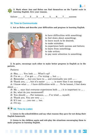 61
2.4
3. Mark where Ann and Helen can find themselves on the 7-point scale in
learning English. Give your reasons.
failure 1 2 3 4 5 6 7 success
VI. Time to Communicate
1. Act as Helen and describe your difficulties and progress in learning English.
to have difficulties with something;
to feel down about something;
to leave much to be desired;
to make mistakes;
to experience both success and failure;
to learn from something;
to take action;
to pay more attention to something.
2. In pairs, encourage each other to make better progress in English as in the
pattern.
Pattern:
A: Hey, ... . You look ... . What’s up?
B: I’m so ... . I’ve got ... . I’m trying ... but ... .
A: Remember ... but you have to ... and eventually you will ... .
B: Thank you, ... , but it’s easier ... . ... is more than I can manage.
A: I know what ... . I have difficulties with ... . To be honest, I feel down
about ... .
B: My ... says that everyone experiences both ... ; it is important to ... .
A: So, what do you recommend?
B: You should ... . For instance, ... . I’ve tried ... myself.
A: Thank you. You are very ... .
B: If I can ... , you can ... too.
A: I’ll try.
VII. Time to Listen
1. Listen to the schoolchildren and say what reasons they gave for not doing their
English homework.
2. Listen to the children again and role-play the situations encouraging them to
make progress in learning English.
 