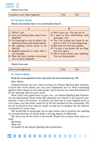 64
Unit 2
Check if you can:
complete your ideas logically. Yes No
III. Function Smart
Match conversation lines A to conversation lines B.
A B
1. What’s up?
2. Are you feeling down about your
English?
3. I’m putting in a lot of effort, but
there have been only small results.
4. My spelling leaves much to be
desired.
5. English grammar is more than I
can manage.
6. How did your teacher encourage
you to learn English?
a) Don’t give up. You can do it!
b) I used to have difficulties with
grammar, too.
c) Yes. I’m trying very hard to im-
prove it but it is not happening.
d) She said we were all capable.
e) I’ve got a low grade for my Eng-
lish test again.
f) Don’t worry about your spelling.
You are doing great.
Check if you can:
give encouragement. Yes No
IV. Time to Read
Read the encouragement letter and mark the true statements (p. 70).
Dear Helen,
Congratulations on your class winning the School Spelling Bee recently.
I know how much effort you and your classmates put in while competing
against other classes in the same grade, and I can see you were determined to
be the winning class by your score.
Now I have very good news to give you: our School Spelling Bee Commit-
tee has determined which child will represent our school at the district com-
petition. I have the honour to inform you that due to your highest score in
your class, you have been voted for by all the members of the committee. We
are all so proud of you and are ready to help you to prepare for the district
tournament in every way.
We would like to encourage you to take action and to practice the spelling
of a broad selection of words with a varying degree of difficulty.
We wish you all the luck in the world. Please let us know what help you
need.
Sincerely,
Miss Joy,
on behalf of the School Spelling Bee Committee.
 