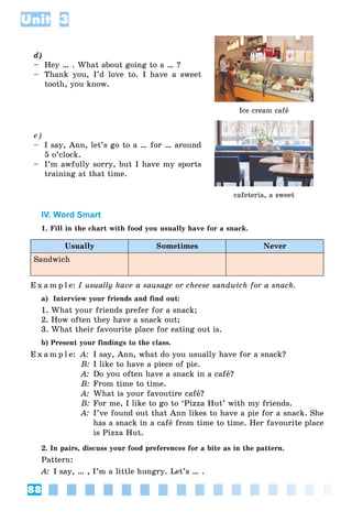 88
Unit 3
d)
– Hey … . What about going to a … ?
– Thank you, I’d love to. I have a sweet
tooth, you know.
Ice cream cafå
e)
– I say, Ann, let’s go to a … for … around
5 o’clock.
– I’m awfully sorry, but I have my sports
training at that time.
cafeteria, a sweet
IV. Word Smart
1. Fill in the chart with food you usually have for a snack.
Usually Sometimes Never
Sandwich
E x a m p l e: I usually have a sausage or cheese sandwich for a snack.
a) Interview your friends and find out:
1. What your friends prefer for a snack;
2. How often they have a snack out;
3. What their favourite place for eating out is.
b) Present your findings to the class.
E x a m p l e: A: I say, Ann, what do you usually have for a snack?
B: I like to have a piece of pie.
A: Do you often have a snack in a cafå?
B: From time to time.
A: What is your favoutire cafå?
B: For me, I like to go to ‘Pizza Hut’ with my friends.
A: I’ve found out that Ann likes to have a pie for a snack. She
has a snack in a cafå from time to time. Her favourite place
is Pizza Hut.
2. In pairs, discuss your food preferences for a bite as in the pattern.
Pattern:
A: I say, … , I’m a little hungry. Let’s … .
 