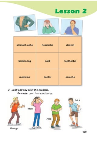 109
Lesson 2
3 Look and say as in the example.
Example: John has a toothache.
stomach ache
broken leg
medicine
headache
cold
doctor
dentist
toothache
earache
George
Mark
Alec
Nick
 