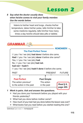 115
Lesson 2
8 Say what the doctor usually does
when he/she comes to visit your family member.
Use the words below.
listens to his/her heart and lungs, checks his/her
temperature, takes his/her pulse, tells him/her to take
some medicine regularly, tells him/her how many
times a day he/she should take pills or tablets
GRAMMAR
1 Work in pairs. Ask and answer the questions.
zz Had you done your homework before you played with your
friends yesterday?
zz What had you done before mother came?
zz How much of your test had you done before the lesson was over?
zz What books had you read before you started reading this one?
RemembeR!
The Past Perfect Tense
I / you / he / we (etc) had done it before she came.
Had I / you / he / we (etc) done it before she came?
Yes, I / you / he / we (etc) had.
No, I / you / he / we (etc) had not.
had not = hadn’t
I / you / he / we (etc) hadn’t done it before she came.
PAST PRESENT FUTURE
Past Perfect Past simple
The action previous1
to the action in the past
The action
in the past
1
previous [9prI:vI3s] — попередній
Read § 6,
page 205.
 