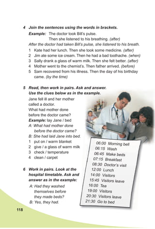 118
4 Join the sentences using the words in brackets.
Example: The doctor took Bill’s pulse.
Then she listened to his breathing. (after)
After the doctor had taken Bill’s pulse, she listened to his breath.
1 Kate had her lunch. Then she took some medicine. (after)
2 Jim ate some ice cream. Then he had a bad toothache. (when)
3 Sally drank a glass of warm milk. Then she felt better. (after)
4 Mother went to the chemist’s. Then father arrived. (before)
5 Sam recovered from his illness. Then the day of his birthday
came. (by the time)
5 Read, then work in pairs. Ask and answer.
Use the clues below as in the example.
Jane fell ill and her mother
called a doctor.
What had mother done
before the doctor came?
Example: lay Jane / bed
A: What had mother done
before the doctor came?
B: She had laid Jane into bed.
1 put on / warm blanket
2 give / a glass of warm milk
3 check / temperature
4 clean / carpet
6 Work in pairs. Look at the
hospital timetable. Ask and
answer as in the example:
A: Had they washed
themselves before
they made beds?
B: Yes, they had.
B: She had laid Jane into bed.
give / a glass of warm milk
06:00 Morning bell
06:15 Wash
06:45 Make beds
07:15 Breakfast
08:30 Doctor’s visit
12:00 Lunch
14:00 Visitors
15:45 Visitors leave
16:00 Tea
19:00 Visitors
20:30 Visitors leave
21:30 Go to bed
 