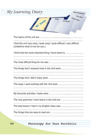 My Learning Diary
Photocopy for Your Portfolio134
The topics of this unit are ……..…………..........................……………
……………………………………………………….......………………….
I find this unit very easy / quite easy / quite difficult / very difficult.
(Underline what is true for you.)
I think that the most important thing I have learnt is …………...………
…………………………………………………………………………..…...
…………………………………………………………………………...…..
The most difficult thing for me was ………………………………………
………………..………………………………………………………….…..
The things that I enjoyed most in the Unit were ....……..………………
……………………………………………………………………………….
……………………...………………………………………………………..
The things that I didn’t enjoy were …………..…………………………..
……………...………………………………………………………………..
The ways I used working with the Unit were ....…………….….……….
…………………………………………………………………………….....
……………………………………………………………………………….
My favourite activities / tasks were ……………….............…………….
……………...………………………………………………………………..
The new grammar I have learnt in the Unit are ……...…………………
……………...………………………………………………………………..
The best lesson I had in my English class was .....................…...……
……………...………………………………………………………………..
The things that are easy to read are .………...………………………….
……………...………………………………………………………………..
 