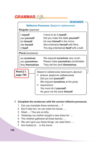146
GRAMMAR
RemembeR!
Reflexive Pronouns (Зворотні займенники)
singular (однина)
Plural (множина)
I myself
you yourself
he himself
she herself
it itself
we ourselves
you yourselves
they themselves
I have to do it myself.
Did you make the table yourself?
He saw himself in the mirror.
She entertains herself with films.
The dog entertained itself with a ball.
We enjoyed ourselves very much.
Please make yourselves comfortable.
They did the work themselves.
Зворотні займенники виконують функції:
zz власне зворотніх займенників:
Did you hurt yourself?
We enjoyed ourselves at the party.
zz підсилення:
You must do it yourself.
He gave me the book himself.
1 Complete the sentences with the correct reﬂexive pronouns.
1 Can you translate these sentences ... ?
2 Don’t help him, he can wash his hands ... .
3 Wash ... ! You are so dirty.
4 Yesterday my mother bought a new dress for ... .
5 The children gathered all those berries ... .
6 We can’t give you these things, we need them ... .
7 Ann looked at ... in the mirror.
Read § 7,
page 199.
 