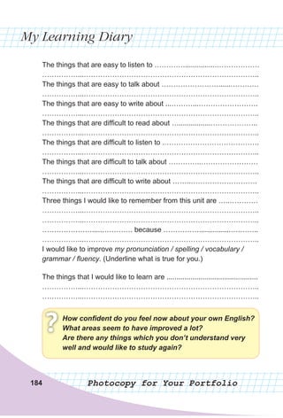 You have finished the unit. Choose the adjective
that best describe how you feel about it.?happy
relieved
satisfied
unhappy
frustrated
excited
motivated
sorry
good
tired
The things that are easy to listen to ………….................………………
……………...………………………………………………………………..
The things that are easy to talk about ……………………......…………
……………...………………………………………………………………..
The things that are easy to write about ...………...…………………….
……………...………………………………………………………………..
The things that are difficult to read about …................………………..
……………...………………………………………………………………..
The things that are difficult to listen to .………………………………….
……………...………………………………………………………………..
The things that are difficult to talk about …………..……………………
……………...………………………………………………………………..
The things that are difficult to write about ……..……………………….
……………...………………………………………………………………..
Three things I would like to remember from this unit are …..…………
……………...………………………………………………………………..
……………...………………………………………………………………..
………………….....…………. because ……………................….……..
……………...………………………………………………………………..
I would like to improve my pronunciation / spelling / vocabulary /
grammar / fluency. (Underline what is true for you.)
The things that I would like to learn are ..............................................
……………...………………………………………………………………..
……………...………………………………………………………………..
How confident do you feel now about your own English?
What areas seem to have improved a lot?
Are there any things which you don’t understand very
well and would like to study again?
?
My Learning Diary
Photocopy for Your Portfolio184
 