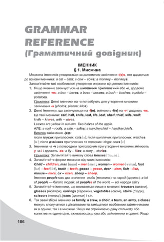 186
GRAMMAR
REFERENCE
(Ãðàìàòè÷íèé äîâ³äíèê)
ІМЕННИК
§ 1. Множина
Множина іменників утворюється за допомогою закінчення -(e)s, яке додається
до основи іменника: a cat – cats; а cow – cows; a monkey – monkeys.
Запам’ятайте такі особливості утворення множини від деяких іменників:
1.	 Якщо іменник закінчується на шиплячий приголосний або -о, додаємо
закінчення -es: a box – boxes; a boss – bosses; a bush – bushes; a potato –
potatoes.
Примітка: Деякі іменники на -о потребують для утворення множини
закінчення -s (photos; pianos; kilos).
2.	 Деякі Іменники, що закінчуються на -f(e), змінюють -f(e) на -v і додають -es.
Це такі іменники: calf, half, knife, leaf, life, loaf, shelf, thief, wife, wolf:
knife – knives, wife – wives.
Leaves are yellow in autumn. Two halves of the apple.
АЛЕ: a roof – roofs; a safe – safes; a handkerchief – handkerchiefs.
Вимова закінчення -(e)s:
після глухих приголосних: cats [s]; після шиплячих приголосних: watches
[Ix]; після дзвінких приголосних та голосних: dogs; cows [x]
3.	 Іменники на -у з попереднім приголосним при утворенні множини змінюють
у на і і додають -es: a fly – flies; а story – stories.
Примітка: Запам’ятайте вимову слова houses [‘hauxix].
4.	 Запам’ятайте форми множини від таких іменників:
Child – children, man [m2n] – men [men], woman – women [wimin], foot
[fut] – feet [fI:t], tooth – teeth, goose – geese, deer – deer, fish – fish,
mouse – mice, ox – oxen, sheep – sheep.
Іменник people має два значення люди (множина) та народ (однина): а lot
of people — багато людей; all peoples of the world — всі народи світу
5.	 Запам’ятайте іменники, що вживаються лише в множині: trousers (штани),
glasses (окуляри), earrings (сережки), vegetables (овочі), stairs (сходи),
scissors (ножиці), jeans (джинси) і т.ін.
6.	 Так звані збірні іменники (a family, a crew, a choir, а team, an army, a class)
можуть сполучатися з дієсловами та заміщатися особовими займенниками
як в однині, так і в множині. Якщо ми сприймаємо дану спільноту або
колектив як єдине ціле, вживаємо дієслова або займенники в однині. Якщо
 