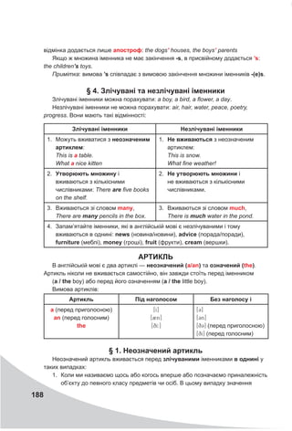 188
відмінка додається лише апостроф: the dogs’ houses, the boys’ parents
Якщо ж множина іменника не має закінчення -s, в присвійному додається ’s:
the children’s toys.
Примітка: вимова ’s співпадає з вимовою закінчення множини іменників -(e)s.
§ 4. Злічувані та незлічувані іменники
Злічувані іменники можна порахувати: a boy, a bird, а flower, a day.
Незлічувані іменники не можна порахувати: air, hair, water, peace, poetry,
progress. Вони мають такі відмінності:
Злічувані іменники Незлічувані іменники
1.	 Можуть вживатися з неозначеним
артиклем:
This is a table.
What a nice kitten
1.	 Не вживаються з неозначеним
артиклем:
This is snow.
What fine weather!
2.	 Утворюють множину і
вживаються з кількісними
числівниками: There are five books
on the shelf.
2.	 Не утворюють множини і
не вживаються з кількісними
числівниками.
3.	 Вживаються зі словом many,
There are many pencils in the box.
3.	 Вживаються зі словом much,
There is much water in the pond.
4.	 Запам’ятайте іменники, які в англійській мові є незлічуваними і тому
вживаються в однині: news (новина/новини), advice (порада/поради),
furniture (меблі), money (гроші), fruit (фрукти), cream (вершки).
АРТИКЛЬ
В англійській мові є два артиклі — неозначений (а/аn) та означений (the).
Артикль ніколи не вживається самостійно, він завжди стоїть перед іменником
(a / the boy) або перед його означенням (a / the little boy).
Вимова артиклів:
Артикль Під наголосом Без наголосу і
а (перед приголосною)
an (перед голосним)
the
[å³]
[2n]
[qI:]
[3]
[3n]
[q3] (перед приголосною)
[qI] (перед голосним)
§ 1. Неозначений артикль
Неозначений артикль вживається перед злічуваними іменниками в однині у
таких випадках:
1.	 Коли ми називаємо щось або когось вперше або позначаємо приналежність
об’єкту до певного класу предметів чи осіб. В цьому випадку значення
 