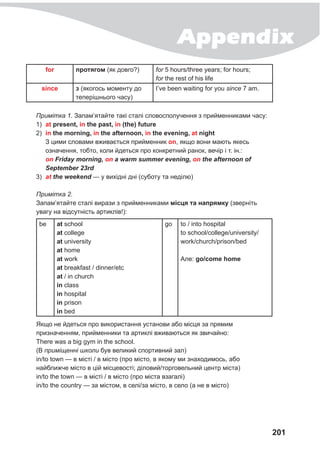 Appendix
201
for протягом (як довго?) for 5 hours/three years; for hours;
for the rest of his life
since з (якогось моменту до
теперішнього часу)
I’ve been waiting for you since 7 am.
Примітка 1. Запам’ятайте такі сталі словосполучення з прийменниками часу:
1)	 at present, in the past, in (the) future
2)	 in the morning, in the afternoon, in the evening, at night
З цими словами вживається прийменник on, якщо вони мають якесь
означення, тобто, коли йдеться про конкретний ранок, вечір і т. ін.:
on Friday morning, on a warm summer evening, on the afternoon of
September 23rd
3)	 at the weekend — у вихідні дні (суботу та неділю)
Примітка 2.
Запам’ятайте сталі вирази з прийменниками місця та напрямку (зверніть
увагу на відсутність артиклів!):
be at school
at college
at university
at home
at work
at breakfast / dinner/etc
at / in church
in class
in hospital
in prison
in bed
go to / into hospital
to school/college/university/
work/church/prison/bed
Але: go/come home
Якщо не йдеться про використання установи або місця за прямим
призначенням, прийменники та артиклі вживаються як звичайно:
There was a big gym in the school.
(В приміщенні школи був великий спортивний зал)
in/to town — в місті / в місто (про місто, в якому ми знаходимось, або
найближче місто в цій місцевості; діловий/торговельний центр міста)
in/to the town — в місті / в місто (про міста взагалі)
in/to the country — за містом, в селі/за місто, в село (а не в місто)
 