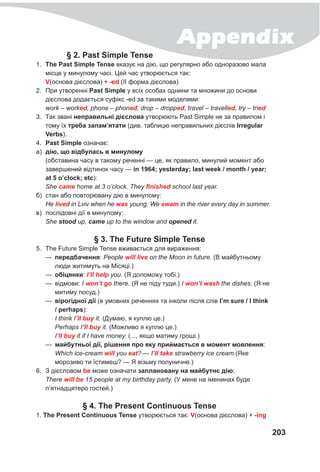 Appendix
203
§ 2. Past
S
imple Tense
1.	 The Past
S
imple Tense вказує на дію, що регулярно або одноразово мала
місце у минулому часі. Цей час утворюється так:
V
(основа дієслова) + -ed (II форма дієслова)
2.	 При утворенні Past
S
imple у всіх особах однини та множини до основи
дієслова додається суфікс -ed за такими моделями:
work – worked, phone – phoned, drop – dropped, travel – travelled, try – tried
3.	 Так звані неправильні дієслова утворюють Past Simple не за правилом і
тому їх треба запам’ятати (див. таблицю неправильних дієслів Irregular
V
erbs).
4.	 Past
S
imple означає:
а)	 дію, що відбулась в минулому
(обставина часу в такому реченні — це, як правило, минулий момент або
завершений відтинок часу — in 1964; yesterday; last week / month / year;
at 5 o’clock; etc):
She came home at 3 o’clock. They finished school last year.
б)	 стан або повторювану дію в минулому:
Не lived in Lviv when he was young. We swam in the river every day in summer.
в)	 послідовні дії в минулому:
She stood up, came up to the window and opened it.
§ 3. The Future
S
imple Tense
5.	 The Future Simple Tense вживається для вираження:
—
— передбачення: People will live on the Moon in future. (В майбутньому
люди житимуть на Місяці.)
—
— обіцянки: I’ll help you. (Я допоможу тобі.)
—
— відмови: I won’t gо there. (Я не піду туди.) I won’t wash the dishes. (Я не
митиму посуд.)
—
— вірогідної дії (в умовних реченнях та інколи після слів I’m sure / I think
/ perhaps):
I think I’ll buy it. (Думаю, я куплю це.)
Perhaps I’ll buy it. (Можливо я куплю це.)
I’ll buy it if I have money. (..., якщо матиму гроші.)
—
— майбутньої дії, рішення про яку приймається в момент мовлення:
Which ice-cream will you eat? — I’II take strawberry ice cream.(Яке
морозиво ти їстимеш? — Я візьму полуничне.)
6.	 З дієсловом be може означати заплановану на майбутнє дію:
There will be 15 people at my birthday party. (У мене на іменинах буде
п’ятнадцятеро гостей.)
§ 4. The Present Continuous Tense
1. The Present Continuous Tense утворюється так:
V
(основа дієслова) + -ing
 