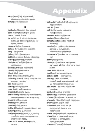 Appendix
213
away [əˊweɪ] adj. віддалений;
adv.далеко, віддалік, здаля
awful [ˊɔ:fǝl] жахливий
B
backache [ˊbækeɪk] біль у спині
bank [bæŋk] банк; берег (річки)
barrel [ˊbærǝl] бочка
be on [bi: ɒn] йти (про кінофільм,
виставу), демонструватись (на
екрані, сцені)
become [bɪˊkʌm] ставати
believe [bɪˊli:v] вірити; вважати
belly [ˊbelɪ] живіт
belong [bɪˊlɒŋ] належати
bet [bet] n. парі; v. битись об заклад
Biology [baɪˊɒlədʒi] біологія
birthplace [ˊbɜ:θpleɪs] місце
народження
blanket [ˊblæŋkɪt] покривало
bleed [bli:d] кровоточити
blood [blʌd] кров
blow [bləυ] (blew, blown) дути
boarding school[ˊbɔ:dɪŋ sku:l] школа-
інтернат, пансіон
boil [bɔɪl] варити
boring [ˊbɔ:rɪŋ] нудний
bowl [bəυl] глибока миска
brackets [ˊbrækɪts] дужки
brainstorm [ˊbreɪnstɔ:m] обмінюватись
ідеями,проводити мозкову атаку
break [breɪk] перерва
breath [breθ] дихання
breathe [bri:ð] дихати
brilliant [ˊbrɪljənt] чудовий, блискучий
bullying[ˈbulɪŋ] цькування
bungee jumping [ˊbʌndʒɪˏ dʒʌmpɪŋ]
стрибки з висоти за допомогою
еластичного тросу
burn [bɜ:n] (burnt, burnt) горіти,
палати
C
calculate [ˊkælkjυleɪt] обчислювати,
підраховувати
calf [kɑ:f] теля
call [kɔ:l] кликати, називати;
телефонувати
canteen [kænˊti:n] їдальня
captain [ˊkæptɪn] капітан
carbohydrate [ˏkɑ:bəυˊhaɪdreɪt]
вуглевод
care[keə] n. турбота, піклування,
догляд; v. піклуватися,
турбуватися; цікавитися
take care of [teɪk keə ɒv] доглядати
(за)
carry [ˊkærɪ] нести
carve [kɑ:v] висікати, витісувати
carve out a living – будувати своє
життя
case [keɪs] випадок
cast [kɑ:st] акторський склад
catch a cold — застудитись
catchy [ˊkætʃɪ] яскравий,
привабливий; причепливий, той,
що легко запам’ятовується
cell phone [ˊsel fəυn] мобільний
телефон
century [ˊsentʃərɪ] століття
ceremony [ˊserǝmənɪ] церемонія
chance [tʃɑ:ns] шанс, можливість
character [ˊkærəktə] герой, персонаж
charm [tʃɑ:m] шарм, чари
chat room [tʃæt ru:m] чат (в
інтернеті), кімната для
переговорів
check [tʃek] перевірка; перевіряти
cheer [tʃɪə] n. схвальний вигук,
оплески; v. аплодувати,
підбадьорювати
chemical [ˊkemɪkl] хімічний
 