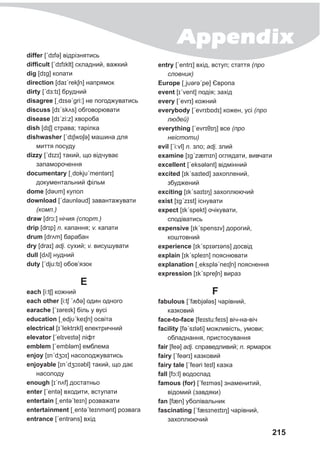 Appendix
215
differ [ˊdɪfə] відрізнятись
difficult [ˊdɪfɪklt] складний, важкий
dig [dɪg] копати
direction [daɪˊrekʃn] напрямок
dirty [ˊdɜ:tɪ] брудний
disagree [ˏdɪsəˊgri:] не погоджуватись
discuss [dɪˊskʌs] обговорювати
disease [dɪˊzi:z] хвороба
dish [dɪʃ] страва; тарілка
dishwasher [ˊdɪʃwɒʃə] машина для
миття посуду
dizzy [ˊdɪzɪ] такий, що відчуває
запаморочення
documentary [ˏdɒkjυˊmentǝrɪ]
документальний фільм
dome [dəυm] купол
download [ˊdaυnləud] завантажувати
(комп.)
draw [drɔ:] нічия (спорт.)
drip [drɪp] n. капання; v. капати
drum [drʌm] барабан
dry [draɪ] adj. сухий; v. висушувати
dull [dʌl] нудний
duty [ˊdju:tɪ] обов’язок
E
each [i:tʃ] кожний
each other [i:tʃ ˊʌðə] один одного
earache [ˊɪəreɪk] біль у вусі
education [ˏedjυˊkeɪʃn] освіта
electrical [ɪˊlektrɪkl] електричний
elevator [ˊelɪveɪtə] ліфт
emblem [ˊembləm] емблема
enjoy [ɪnˊdʒɔɪ] насолоджуватись
enjoyable [ɪnˊdʒɔɪəbl] такий, що дає
насолоду
enough [ɪˊnʌf] достатньо
enter [ˊentə] входити, вступати
entertain [ˏentəˊteɪn] розважати
entertainment [ˏentəˊteɪnmənt] розвага
entrance [ˊentrǝns] вхід
entry [ˊentrɪ] вхід, вступ; стаття (про
словник)
E
urope [ˏjυərəˊpe] Європа
event [ɪˊvent] подія; захід
every [ˊevrɪ] кожний
everybody [ˊevrɪbɒdɪ] кожен, усі (про
людей)
everything [ˊevrɪθɪŋ] все (про
неістоти)
evil [ˊi:vl] n. зло; adj. злий
examine [ɪgˊzæmɪn] оглядати, вивчати
excellent [ˊeksǝlənt] відмінний
excited [ɪkˊsaɪted] захоплений,
збуджений
exciting [ɪkˊsaɪtɪŋ] захоплюючий
exist [ɪgˊzɪst] існувати
expect [ɪkˊspekt] очікувати,
сподіватись
expensive [ɪkˊspensɪv] дорогий,
коштовний
experience [ɪkˊspɪərɪəns] досвід
explain [ɪkˊspleɪn] пояснювати
explanation [ˏekspləˊneɪʃn] пояснення
expression [ɪkˊspreʃn] вираз
F
fabulous [ˊfæbjələs] чарівний,
казковий
face-to-face [feɪstu:feɪs] віч-на-віч
facility [fəˊsɪləti] можливість, умови;
обладнання, пристосування
fair [feə] adj. справедливий; n. ярмарок
fairy [ˊfeərɪ] казковий
fairy tale [ˊfeəri teɪl] казка
fall [fɔ:l] водоспад
famous (for) [ˊfeɪməs] знаменитий,
відомий (завдяки)
fan [fæn] уболівальник
fascinating [ˊfæsɪneɪtɪŋ] чарівний,
захоплюючий
 