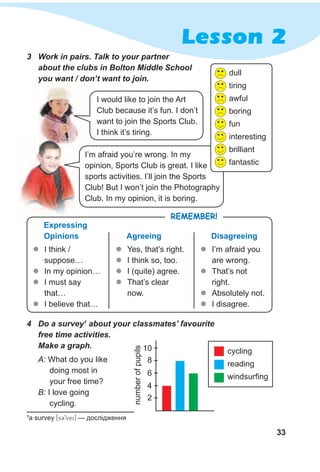33
Lesson 2
I’m afraid you’re wrong. In my
opinion, Sports Club is great. I like
sports activities. I’ll join the Sports
Club! But I won’t join the Photography
Club. In my opinion, it is boring.
3 Work in pairs. Talk to your partner
about the clubs in Bolton Middle School
you want / don’t want to join.
I would like to join the Art
Club because it’s fun. I don’t
want to join the Sports Club.
I think it’s tiring.
dull
tiring
awful
boring
fun
interesting
brilliant
fantastic
zz I think /
suppose…
zz In my opinion…
zz I must say
that…
zz I believe that…
zz Yes, that’s right.
zz I think so, too.
zz I (quite) agree.
zz That’s clear
now.
zz I’m afraid you
are wrong.
zz That’s not
right.
zz Absolutely not.
zz I disagree.
RemembeR!
disagreeingAgreeing
expressing
Opinions
4 Do a survey1
about your classmates’ favourite
free time activities.
Make a graph.
A: What do you like
doing most in
your free time?
B: I love going
cycling.
numberofpupils
2
4
6
8
10 cycling
reading
windsurfing
1
a survey [sC9vei] — дослідження
 