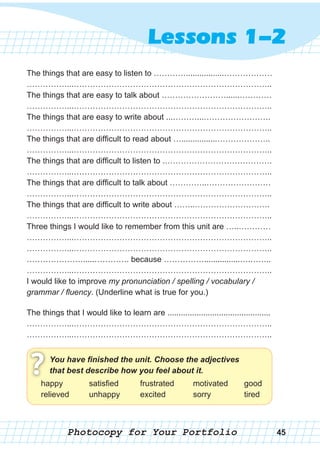 45
Lessons 1-2
Photocopy for Your Portfolio
The things that are easy to listen to ………….................………………
……………...………………………………………………………………..
The things that are easy to talk about ……………………......…………
……………...………………………………………………………………..
The things that are easy to write about ...………...…………………….
……………...………………………………………………………………..
The things that are difficult to read about …................………………..
……………...………………………………………………………………..
The things that are difficult to listen to .………………………………….
……………...………………………………………………………………..
The things that are difficult to talk about …………..……………………
……………...………………………………………………………………..
The things that are difficult to write about ……..……………………….
……………...………………………………………………………………..
Three things I would like to remember from this unit are …..…………
……………...………………………………………………………………..
……………...………………………………………………………………..
………………….....…………. because ……………................….……..
……………...………………………………………………………………..
I would like to improve my pronunciation / spelling / vocabulary /
grammar / fluency. (Underline what is true for you.)
The things that I would like to learn are ..............................................
……………...………………………………………………………………..
……………...………………………………………………………………..
You have finished the unit. Choose the adjectives
that best describe how you feel about it.?happy
relieved
satisfied
unhappy
frustrated
excited
motivated
sorry
good
tired
 