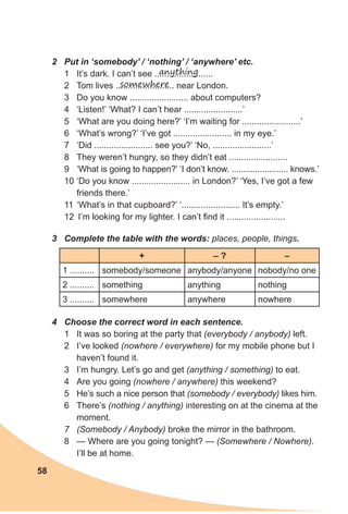 58
2	 Put in ‘somebody’ / ‘nothing’ / ‘anywhere’ etc.
1	 It’s dark. I can’t see ........................
2	 Tom lives ........................ near London.
3	 Do you know ........................ about computers?
4	 ‘Listen!’ ‘What? I can’t hear ........................’
5	 ‘What are you doing here?’ ‘I’m waiting for ........................’
6	 ‘What’s wrong?’ ‘I’ve got ........................ in my eye.’
7	 ‘Did ........................ see you?’ ‘No, ........................’
8	 They weren’t hungry, so they didn’t eat ........................
9	 ‘What is going to happen?’ ‘I don’t know. ........................ knows.’
10	‘Do you know ........................ in London?’ ‘Yes, I’ve got a few
friends there.’
11	 ‘What’s in that cupboard?’ ‘........................ It’s empty.’
12	 I’m looking for my lighter. I can’t find it ........................
4	 Choose the correct word in each sentence.
1	 It was so boring at the party that (everybody / anybody) left.
2	 I’ve looked (nowhere / everywhere) for my mobile phone but I
haven’t found it.
3	 I’m hungry. Let’s go and get (anything / something) to eat.
4	 Are you going (nowhere / anywhere) this weekend?
5	 He’s such a nice person that (somebody / everybody) likes him.
6	 There’s (nothing / anything) interesting on at the cinema at the
moment.
7	 (Somebody / Anybody) broke the mirror in the bathroom.
8	 — Where are you going tonight? — (Somewhere / Nowhere).
I’ll be at home.
3	 Complete the table with the words: places, people, things.
anything
somewhere
+ – ? –
1 .......... somebody/someone anybody/anyone nobody/no one
2 .......... something anything nothing
3 .......... somewhere anywhere nowhere
 