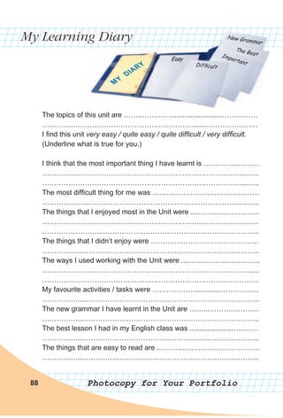 My Learning Diary
Photocopy for Your Portfolio88
The topics of this unit are ……..…………..........................……………
……………………………………………………….......………………….
I find this unit very easy / quite easy / quite difficult / very difficult.
(Underline what is true for you.)
I think that the most important thing I have learnt is …………...………
…………………………………………………………………………..…...
…………………………………………………………………………...…..
The most difficult thing for me was ………………………………………
………………..………………………………………………………….…..
The things that I enjoyed most in the Unit were ....……..………………
……………………………………………………………………………….
……………………...………………………………………………………..
The things that I didn’t enjoy were …………..…………………………..
……………...………………………………………………………………..
The ways I used working with the Unit were ....…………….….……….
…………………………………………………………………………….....
……………………………………………………………………………….
My favourite activities / tasks were ……………….............…………….
……………...………………………………………………………………..
The new grammar I have learnt in the Unit are ……...…………………
……………...………………………………………………………………..
The best lesson I had in my English class was .....................…...……
……………...………………………………………………………………..
The things that are easy to read are .………...………………………….
……………...………………………………………………………………..
 