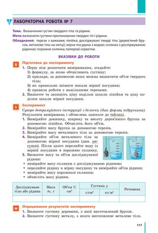 109
§ 15. Інертність тіла. Маса
Підбиваємо підсумки
Інертність  тіла  —  це  властивість  тіла,  яка  полягає  в  тому,  що  для 
зміни  швидкості  руху  тіла  внаслідок  взаємодії  потрібен  час.
Маса тіла (m) — це фізична величина, яка є мірою інертної та граві­
таційної властивостей тіла. Одиниця маси в СІ — кілограм (1 кг).
Масу тіла можна визначити зважуванням (цей спосіб ґрунтується на 
тому,  що  маса  є  мірою  гравітаційної  властивості  тіла),  а  також  порів­
нявши, як змінилися швидкості руху тіл унаслідок взаємодії (цей спосіб 
заснований на тому, що маса є мірою інертності тіла).
контрольні запитання
1.  Наведіть  приклади,  які  свідчать  про  те,  що  для  зміни  швидкості 
руху тіла потрібен час. 2. Дайте означення інертності. 3. Які власти­
вості  тіла  характеризуються  його  масою?  4.  Назвіть  одиницю  маси 
в СІ. 5. Опишіть тіло, яке є міжнародним еталоном кілограма. 6. Наз­
віть способи вимірювання маси тіла. На якій властивості тіла ґрунту­
ється кожен з них?
Вправа № 15
1.  Щоб об’їхати перешкоду, водій автобуса повернув праворуч. У який 
бік відхиляться пасажири автобуса? 
2. Маса  склянки  із  соком  становить  340  г  270  мг.  Визначте  масу 
налитого в склянку соку, якщо відомо, що маса порожньої склянки 
дорівнює 150 г 530 мг. 
3. Із човна масою 180 кг, який перебував у спокої, зіскочив хлопчик. 
Швидкість руху хлопчика становила 4 м/с. Визначте масу хлопчика, 
якщо човен набув швидкості 1 м/с.
4. Приблизно половина дорожньо­транспортних пригод відбувається 
з  вини  пішоходів.  Які  міркування  ви  навели  б  своїм  товаришам, 
щоб  переконати  їх  завжди  дотримуватися  правил  дорожнього 
руху?
5. На  лівій  шальці  зрівноважених  терезів  лежить  тіло,  масу  якого 
необхідно  виміряти,  а  на  правій  —  такі  важки:  два  по  20  г,  по 
одному важку 5 і 100 г і по одному важку 10, 20 і 200 мг. Визначте 
масу тіла та подайте її в грамах.
6.  Згадайте  про  чищення  ковдр  двома  способами:  вибиванням  пилу 
та  витрушуванням  різкими  змахами.  На  якій  властивості  тіл 
базуються ці два способи? Чим вони різняться з точки зору фізики?
7.  Світ тварин є надзвичайно різноманітним. Виберіть для всіх учнів 
класу кілька груп тварин (наприклад, птахи, риби, комахи, ссавці 
тощо)  і,  скориставшись  додатковими  джерелами  інформації,  під­
готуйте повідомлення про «рекордсменів» за масою серед вибраних 
груп. 
Підбиваємо підсумки
 