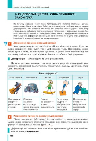 118
Розділ 3. ВЗАЄМОДІЯ ТІЛ. СИЛА. Частина I
3.  Визначте  густину  досліджуваної  рідини.
4.  Користуючись  таблицями  густин  (с.  249),  визначте  речовини, 
з  яких  виготовлені  досліджувані  тіла,  а  також  назву  досліджу­
ваної  рідини.
 Аналіз експерименту та його результатів
 Зробіть  висновок,  у  якому  зазначте:  1)  яку  фізичну  величину  і  за 
допомогою  яких  приладів  ви  вимірювали;  2)  які  результати  от­
римали;  3)  які  чинники  могли  вплинути  на  точність  результатів.
+ Творче завдання
 Запропонуйте  способи  —  теоретичний  та 
експериментальний,  за  допомогою  яких 
можна  знайти  масу  води,  що  виллється 
з  відливної  посудини  (див.  рисунок),  якщо 
в неї повільно занурити алюмінієвий кубик 
із  ребром  3  см.
§ 17. УЧиМОСЯ РОЗВ’ЯЗУВАТи ЗАДАЧі
Нагадаємо, що, беручись до розв’язування задач із фізики, перш за все необхідно
уважно кілька разів прочитати умову задачі й усвідомити, яке саме явище описано
в  задачі, яке тіло розглядається. Тобто слід відтворити картину, яку описує задача,
а вже потім розпочинати пошук відповіді.
Отже, уважно читаємо, думаємо, розв’язуємо. Спробуйте спочатку працювати само-
стійно, а вже потім дивитися, чи все ви зробили правильно.
Задача 1. Суцільний  кубик  із  ребром  2  см  має  масу  20  г.  З  якої 
речовини  може  бути  виготовлений  кубик?
Аналіз фізичної проблеми. Для відповіді на запитання визначимо гус­
тину речовини, з якої виготовлений кубик, а потім скористаємося табли­
цею густин. Задачу розв’язуватимемо в поданих одиницях.
Дано:
a = 2  см
m = 20  г
Пошук математичної моделі. Розв’язання.
За  означенням  густини:  ρ =
m
V
. 
Об’єм куба обчислюють за формулою:  V a= 3
. 
Отже, маємо:  ρ = =
m
V
m
a3
. 
Перевіримо одиницю, визначимо значення шуканої 
величини:
  U @
г
см3
;  ρ = = =




20 20
83 3
2 5
2
,
г
см
.
Знайти:
ρ—  ?
§ 17. УЧиМОСЯ РОЗВ’ЯЗУВАТи ЗАДАЧі
 