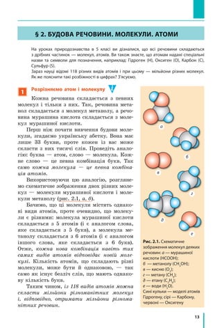 13
§ 2. бУДоВа РЕЧоВиНи. МоЛЕкУЛи. атоМи
На уроках природознавства в  5 класі ви дізналися, що всі речовини складаються
з дрібних частинок — молекул, атомів. Ви також знаєте, що атомам надані спеціальні
назви та символи для позначення, наприклад: Гідроген (H), Оксиген (O), Карбон (C),
Сульфур (S).
Зараз науці відомі 118 різних видів атомів і при цьому — мільйони різних молекул.
Як же пояснити такі розбіжності в цифрах? З’ясуємо.
1
Розрізняємо атом і  молекулу
Кожна речовина складається з певних
молекул і тільки з них. Так, речовина мета-
нол складається з молекул метанолу, а речо-
вина мурашина кислота складається з моле-
кул мурашиної кислоти.
Перш ніж почати вивчення будови моле-
кули, згадаємо українську абетку. Вона має
лише 33 букви, проте кожен із вас може
скласти з них тисячі слів. Проведіть анало-
гію: буква — атом, слово — молекула. Кож-
не слово — це певна комбінація букв. Так
само кожна молекула — це певна комбіна-
ція атомів.
Використовуючи цю аналогію, розгляне-
мо схематичне зображення двох різних моле-
кул — молекули мурашиної кислоти і моле-
кули метанолу (рис. 2.1, а, б).
Бачимо, що ці молекули містять однако-
ві види атомів, проте очевидно, що молеку-
ли є різними: молекула мурашиної кислоти
складається з 5 атомів (і є аналогом слова,
яке складається з 5 букв), а молекула ме-
танолу складається з 6 атомів (і є аналогом
іншого слова, яке складається з 6 букв).
Отже, кожна нова комбінація навіть тих
самих видів атомів відповідає новій моле-
кулі. Кількість атомів, що складають різні
молекули, може бути й однаковою, — так
само як існує безліч слів, що мають однако-
ву кількість букв.
Таким чином, із 118 видів атомів можна
скласти мільйони різноманітних молекул
і, відповідно, отримати мільйони різнома-
нітних речовин.
§ 2. бУДоВа РЕЧоВиНи. МоЛЕкУЛи. атоМи
Рис. 2.1. Схематичне
зображення молекул деяких
речовин: а — мурашиної
кислоти (HCOOH);
б — метанолу (CH3
OH);
в — кисню (O2
);
г — метану (CH4
);
д — етану (C2
H6
);
е — води (H2
O).
Сині кульки — моделі атомів
Гідрогену, сірі — Карбону,
червоні — Оксигену
б
а
в
г
д
е
дд
е
а
г
 