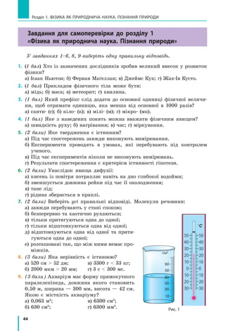 44
Розділ 1. ФіЗиКА ЯК ПРиРОДНичА НАУКА. ПіЗНАННЯ ПРиРОДи
Завдання для самоперевірки до розділу 1
«Фізика як природнича наука. Пізнання природи»
У завданнях 1–6, 8, 9 виберіть одну правильну відповідь.
1. (1 бал) Хто із зазначених дослідників зробив великий внесок у розвиток
фізики?
а) Ісаак Ньютон; б) Фернан Маґеллан; в) Джеймс Кук; г) Жак-Ів Кусто.
2. (1 бал) Прикладом фізичного тіла може бути:
а) мідь; б) маса; в) метеорит; г) хвилина.
3. (1 бал) Який префікс слід додати до основної одиниці фізичної величи-
ни, щоб отримати одиницю, яка менша від основної в 1000 разів?
а) санти- (с); б) кіло- (к); в) мілі- (м); г) мікро- (мк).
4. (1 бал) Яке з наведених понять можна вважати фізичним явищем?
а) швидкість руху; б) нагрівання; в) час; г) міркування.
5. (2 бали) Яке твердження є істинним?
а) Під час спостережень завжди виконують вимірювання.
б) Експерименти проводять в умовах, які перебувають під контролем
ученого.
в) Під час експериментів ніколи не виконують вимірювань.
г) Результати спостереження є критерієм істинності гіпотези.
6. (2 бали) Унаслідок явища дифузії:
а) кисень із повітря потрапляє навіть на дно глибокої водойми;
б) зменшується довжина рейки під час її охолодження;
в) тане лід;
г) рідина збирається в краплі.
7. (2 бали) Виберіть усі правильні відповіді. Молекули речовини:
а) завжди перебувають у стані спокою;
б) безперервно та хаотично рухаються;
в) тільки притягуються одна до одної;
г) тільки відштовхуються одна від одної;
д) відштовхуються одна від одної та притя-
гуються одна до одної;
е) розташовані так, що між ними немає про-
міжків.
8. (3 бали) Яка нерівність є істинною?
а) 520 см  52 дм; в) 3300 г  33 кг;
б) 2000 мкм  20 мм; г) 3 с  300 мс.
9. (3 бали) Акваріум має форму прямокутного
паралелепіпеда, довжина якого становить
0,50 м, ширина — 300 мм, висота — 42 см.
Якою є місткість акваріуму?
а) 0,063 м3
; в) 6300 см3
;
б) 630 см3
; г) 6300 мм3
. Рис. 1
млсм3
50
40
30
20
10
0
10
20
30
50
40
30
20
10
0
10
20
30
°C
 