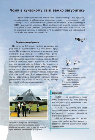 лише кілька десятиліть тому слово «радіолокатор», або «радар»,
асоціювалося з військовою технікою, слово «гідролокатор», або
«сонар», — із сейнерами та підводними човнами. А от абревіатури
GPS і взагалі не існувало. Нині найпростіші моделі сонарів може
придбати кожен рибалка, радарами оснащують не лише літаки, але
й невеликі катери, а система GPS позиціонується як найкращий
засіб від викрадень автомобілів.
Радіолокатор / радар
На початку ХХ століття було виявлено, що
радіохвилі відбиваються від металевих пред-
метів. Це відкриття дало змогу запропонувати
принцип радіолокації — виявлення, розпі-
знавання та визначення координат різноманіт-
них предметів за допомогою радіохвиль. Якщо
прилад зафіксує факт відбиття, це означає,
що він виявив об’єкт (літак). За швидкістю
поширення радіохвилі (300000 км/с), інтер-
валом часу між моментом випромінювання та
моментом прийому сигналу можна визначити
відстань до об’єкта (його координати). Нареш-
ті, за характером відбитого сигналу можна
розпізнати, від якого об’єкта (літака, айсбер-
га, скелі) відбилася радіохвиля.
2
П
Пр
O
1
Принцип дії радара:
П — передавач;
Пр — приймач;
О — об’єкт (літак);
1 — випромінювана хвиля;
2 — відбита хвиля.
У сучасних радарах
передавач і приймач
зазвичай поєднані
Це цікаво
РАДАР — від англійського слова
radar, скорочення від radio detecting
and ranging — радіовиявлення та ви-
значення дальності.
СОНАР — від англійського слова
sonar, скорочення від sound navigation
and ranging — звукова навігація та
визначення дальності.
GPS — абревіатура від англій-
ських слів global position system —
всесвітня система визначення місця
перебування.
Спеціальні покриття на поверхні
військових літаків знижують рівень
відбитого сигналу, і такі літаки не можуть
бути виявлені звичайними радарами
Чому в сучасному світі важко загубитись
 