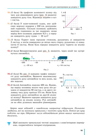 88
Розділ 2. МЕХАНІЧНИЙ РУХ
Вільні коливання завжди є затухаючими.
Затухають із плином часу вільні коливання
била дзвона, струни гітари, гілки дерева...
Що слід зробити, щоб амплітуда коливань
гойдалки з часом не зменшувалась, тобто
щоб її коливання були незатухаючими?
незатухаючі коливання — це коливання,
амплітуда яких не змінюється з часом.
Незатухаючі коливання здійснює, на­
приклад, голка швацької машинки, доки
працює її механізм (рис. 13.7).
6
учимося розв’язувати задачі
Задача. Невелику важку кульку, підвішену на нерозтяжній нитці
завдовжки 1 м, відхилили від положення рівноваги та відпустили. За
30 с кулька здійснила 15 коливань. Яку відстань пройде кулька за 36 с,
якщо амплітуда коливань — 5 см? Коливання вважайте незатухаючими.
Аналіз фізичної проблеми. Амплітуда коливань набагато менша від
довжини нитки, тому можна вважати, що за одне коливання кулька
проходить шлях, який дорівнює чотирьом амплітудам (4A).
Якщо визначити кількість коливань за 36 с, то можна знайти від­
стань, яку подолала кулька. Кількість коливань знайдемо, визначивши
час одного коливання, тобто період коливань.
Задачу розв’язуватимемо в поданих одиницях.
Дано:
t1
=30 c
N1
=15
t2
=36 c
A=5 см
Пошук математичної моделі, розв’язання.
Знайдемо період коливань: T
t
N
= = =1
1
30
15
2
с
с.
Знайдемо кількість коливань за 36 с: N
t
T
2
2 36
2
18= = =
с
с
.
Визначимо шлях, який долає кулька за одне коливання:
l A0 4 4 5 20= = ⋅ =см см.
Визначимо шлях, який подолає кулька за 36 с:
l N l= ⋅ = ⋅ = =2 0 18 20 см 360 см 3,6 м.
Знайти:
l — ?
Аналіз результатів. За одне коливання кулька проходить 20 см;
час коливань більший за період коливань, тому пройдена кулькою від­
стань буде більшою за 20 см. Отже, результат є правдоподібним.
Відповідь: l=3,6 м.
Підбиваємо підсумки
Коливальний рух (коливання) є періодичним рухом. Розрізняють
затухаючі і незатухаючі коливання.
Підбиваємо підсумки
Рис. 13.7. Коливання голки
швацької машинки — приклад
незатухаючих коливань
 
