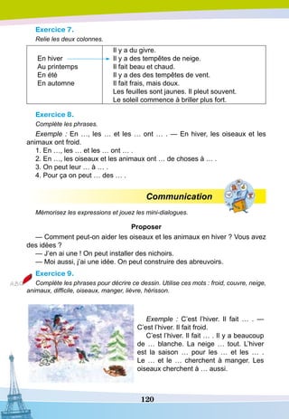 120
Exercice 7.
Relie les deux colonnes.
En hiver
Au printemps
En été
En automne
Il y a du givre.
Il y a des tempêtes de neige.
Il fait beau et chaud.
Il y a des des tempêtes de vent.
Il fait frais, mais doux.
Les feuilles sont jaunes. Il pleut souvent.
Le soleil commence à briller plus fort.
Exercice 8.
Complète les phrases.
Exemple : En …, les … et les … ont … . — En hiver, les oiseaux et les
animaux ont froid.
1. En …, les … et les … ont … .
2. En …, les oiseaux et les animaux ont … de choses à … .
3. On peut leur … à … .
4. Pour ça on peut … des … .
Communication
Mémorisez les expressions et jouez les mini-dialogues.
P
roposer
— Comment peut-on aider les oiseaux et les animaux en hiver ? Vous avez
des idées ?
— J’en ai une ! On peut installer des nichoirs.
— Moi aussi, j’ai une idée. On peut construire des abreuvoirs.
Exercice 9.
Complète les phrases pour décrire ce dessin. Utilise ces mots : froid, couvre, neige,
animaux, difficile, oiseaux, manger, lièvre, hérisson.
Exemple  : C’est l’hiver. Il fait … . —
C’est l’hiver. Il fait froid.
C’est l’hiver. Il fait … . Il y a beaucoup
de … blanche. La neige … tout. L’hiver
est la saison … pour les … et les … .
Le … et le … cherchent à manger. Les
oiseaux cherchent à … aussi.
 