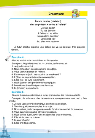 124
Grammaire
Future proche (révision)
aller au présent + verbe à l’infinitif
Je vais parler
Tu vas écouter
Il / elle / on va aider
Nous allons travailler
Vous allez voir
Ils / elles vont raconter
Le futur proche exprime une action qui va se dérouler très prochai­
nement.
Exercice 4.
Mets les verbes entre parenthèses au futur proche.
Exemple : Je (parler) avec lui. — Je vais parler avec lui.
1. Je (parler) avec lui.
2. Nous (chercher) des résolutions possibles.
3. Vous (partir) bientôt en France.
4. Est-ce que tu (voir) tes copains ce week-end ?
5. Il (être) au courant de notre conversation.
6. Elles (lire) ce livre rapidement.
7. Nous (parler) des problèmes écologiques.
8. Les élèves (travailler) pendant le cours.
9. Ils (choisir) les solutions.
Exercice 5.
Observe les phrases et indique le temps grammatical des verbes soulignés.
Exemple : Je vais vous citer de nombreux exemples à ce sujet. — Le futur
proche.
1. Je vais vous citer de nombreux exemples à ce sujet.
2. Tu cites quelques exemples à ce sujet.
3. Nous allons parler des problèmes de l’environnement et de la nature.
4. Vous avez vu vos amis et vos professeurs.
5. Nous allons aussi parler des espèces les plus menacées.
6. Elle récite bien ce poème.
7. Ils vont chanter.
8. Elles ont déjà chanté.
		
 