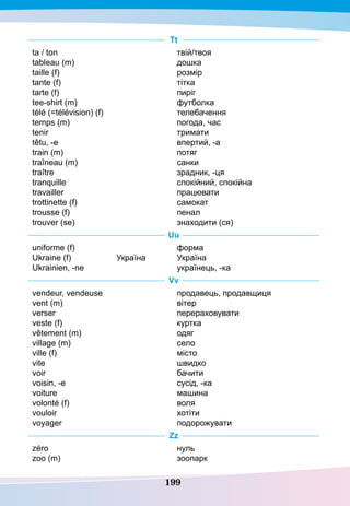199
T
t
ta / ton
tableau (m)
taille (f)
tante (f)
tarte (f)
tee-shirt (m)
télé (=télévision) (f)
temps (m)
tenir
têtu, -e
train (m)
traîneau (m)
traître
tranquille
travailler
trottinette (f)
trousse (f)
trouver (se)
твій/твоя
дошка
розмір
тітка
пиріг
футболка
телебачення
погода, час
тримати
впертий, -а
потяг
санки
зрадник, -ця
спокійний, спокійна
працювати
самокат
пенал
знаходити (ся)
U
u
uniforme (f)
Ukraine (f)		 Україна
Ukrainien, -ne
форма
Україна
українець, -ка
Vv
vendeur, vendeuse
vent (m)
verser
veste (f)
vêtement (m)
village (m)
ville (f)
vite
voir
voisin, -e
voiture
volonté (f)
vouloir
voyager
продавець, продавщиця
вітер
перераховувати
куртка
одяг
село
місто
швидко
бачити
сусід, -ка
машина
воля
хотіти
подорожувати
Zz
zéro
zoo (m)
нуль
зоопарк
 