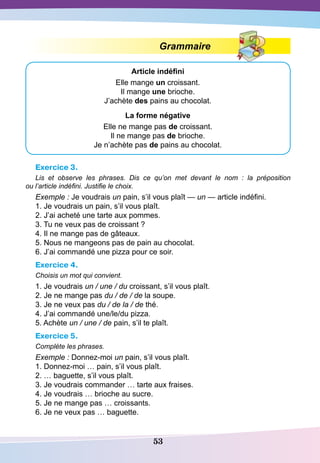 53
Grammaire
Article indéfini
Elle mange un croissant.
Il mange une brioche.
J’achète des pains au chocolat.
La forme négative
Elle ne mange pas de croissant.
Il ne mange pas de brioche.
Je n’achète pas de pains au chocolat.
Exercice 3.
Lis et observe les phrases. Dis ce qu’on met devant le nom  : la préposition
ou l’article indéfini. Justifie le choix.
Exemple : Je voudrais un pain, s’il vous plaît — un — article indéfini.
1. Je voudrais un pain, s’il vous plaît.
2. J’ai acheté une tarte aux pommes.
3. Tu ne veux pas de croissant ?
4. Il ne mange pas de gâteaux.
5. Nous ne mangeons pas de pain au chocolat.
6. J’ai commandé une pizza pour ce soir.
Exercice 4.
Choisis un mot qui convient.
1. Je voudrais un / une / du croissant, s’il vous plaît.
2. Je ne mange pas du / de / de la soupe.
3. Je ne veux pas du / de la / de thé.
4. J’ai commandé une/le/du pizza.
5. Achète un / une / de pain, s’il te plaît.
Exercice 5.
Compléte les phrases.
Exemple : Donnez-moi un pain, s’il vous plaît.
1. Donnez-moi … pain, s’il vous plaît.
2. … baguette, s’il vous plaît.
3. Je voudrais commander … tarte aux fraises.
4. Je voudrais … brioche au sucre.
5. Je ne mange pas … croissants.
6. Je ne veux pas … baguette.
 
