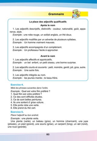 83
Grammaire
La place des adjectifs qualificatifs
A
près le nom
1. Les adjectifs descriptifs, distinctifs : couleur, nationalité, goût, appa-
rence, style.
Exemple : une robe rouge, un soldat anglais, un thé doux.
2. Les adjectifs modifiés par un adverbe de plusieurs syllabes.
Exemple : Un homme vraiment mauvais.
3. Les adjectifs accompagnés d’un complément.
Exemple : Un professeur facile à approcher.
A
vant le nom
1. Les adjectifs affectifs et appréciatifs.
Exemple : un bel enfant, un petit oiseau, une bonne surprise.
2. Les adjectifs courts et courants : petit, moindre, gentil, joli, gros, autre.
Exemple : Une autre fois.
3. Les adjectifs intégrés au nom.
Exemple : les jeunes mariés ; le beau-frère.
Exercice 4.
Mets les phrases suivantes dans l’ordre.
Exemple : Quel est votre film préféré ?
1. Quel film est votre préféré ?
2. Ce des sont difficiles études.
3. Ce de sont belles peintures.
4. Ils une sortent d’ grise voiture.
5. Elle porte robe une verte.
6. Elle prend du thé vert.
Exercice 5.
Place l’adjectif au bon endroit.
Exemple : une plante verte.
Une plante (verte), un bateau (gros), un homme (charmant), une jupe
(plissée), un pied (grand), une souris (grise), un serpent (long), un œil (rond),
une roue (grande).
 