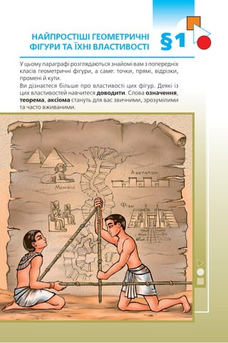 НАЙПРОСТІШІ ГЕОМЕТРИЧНІ
ФІГУРИ ТА ЇХНІ ВЛАСТИВОСТІ §1
У цьому параграфі розглядаються знайомі вам з попередніх
класів геометричні фігури, а саме: точки, прямі, відрізки,
промені й кути.
Ви дізнаєтеся більше про властивості цих фігур. Деякі із
цих властивостей навчитеся доводити. Слова означення,
теорема, аксіома стануть для вас звичними, зрозумілими
та часто вживаними.
 