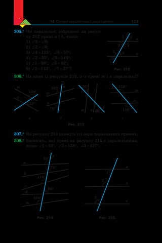 14. Ознаки паралельності двох прямих 123
305.°	Чи паралельні зображені на рисун-
ку 212 прямі a і b, якщо:
1) ‘ ‘3 6;
2) ‘ ‘2 6;
3) ‘ q4 125 , ‘ q6 55 ;
4) ‘ q2 35 , ‘ q5 146 ;
5) ‘ q1 98 , ‘ q6 82 ;
6) ‘ q1 143 , ‘ q7 37 ?
306.°	На яких із рисунків 213, а–г прямі m і n паралельні?
m
128°
n
k
52°
k
m
n
103°
76° m n
26°
26°
k
k
m
n
159°
156°
а б в г
Рис. 213
307.°	На рисунку 214 укажіть усі пари паралельних прямих.
308.°	Запишіть, які прямі на рисунку 215 є паралельними,
якщо ‘ q1 53 , ‘ q2 128 , ‘ q3 127 .
a
k
94°
m
104°
c
114°
b
76°
d
86°
c
3
b
2
a
1
Рис. 214 Рис. 215
a
b
2
43
6
1
5
7
Рис. 212
 