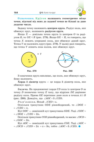 § 4. Коло та круг164
Означення. Кру́гом називають геометричне місце
точок, відстані від яких до заданої точки не більші за дане
додатне число.
Задану точку називають центром круга. Радіус кола, яке
обмежує круг, називають радіусом круга.
Якщо X — довільна точка круга із центром O та раді­
усом R, то OX Rm (рис. 279). Якщо OX  R, то говорять, що
точка X лежить усередині кола, яке обмежує даний круг.
Точка Y не належить кругу (рис. 279). У цьому разі говорять,
що точка Y лежить поза колом, яке обмежує круг.
O
X
Y
OA
D
C
B E
Рис. 279 Рис. 280
З означення круга випливає, що коло, яке обмежує круг,
йому належить.
Хорда й діаметр круга — це хорда й діаметр кола, яке
обмежує круг.
Задача. На продовженні хорди CD кола із центром O за
точку D позначено точку E таку, що відрізок DE дорівнює
радіусу кола. Пряма OE перетинає дане коло в точках A і B
(рис. 280). Доведіть, що ‘ ‘AOC CEO3 .
Розв’язання. Нехай ‘CEO D.
Оскільки трикутник ODE рівнобедрений, то ∠DOE =
= ∠CEO = α.
Кут ODC — зовнішній кут трикутника ODE. Тоді ∠ODC =
= ∠DOE + ∠CEO = 2α.
Оскільки трикутник COD рівнобедрений, то маємо: ∠OCD =
= ∠ODC = 2α.
Кут AOC — зовнішній кут трикутника COE. Тоді ∠AOC =
= ∠OCD + ∠CEO = 2α + α = 3α, тобто ‘ ‘AOC CEO3 .  
 